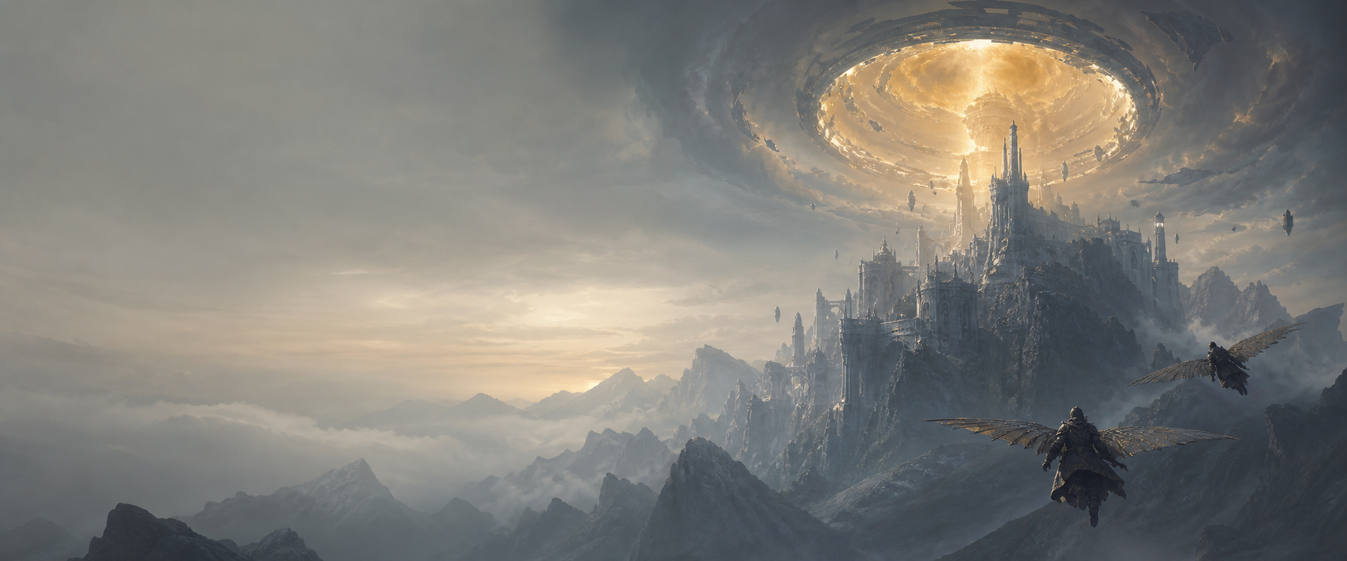 Winged adventurers approach a mountain citadel beneath a celestial rift